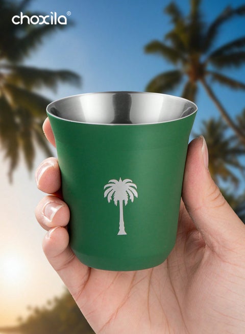 1pc 80ml Stainless Steel Coffee Cup, The Kingdom of Saudi Arabia Coffee Cup, Saudi National Day Gifts，Green Palm Tree Pattern Coffee Mug, outdoor camping water cup, tea cup