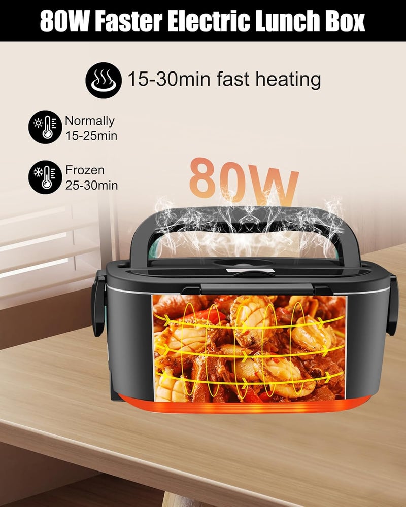 Buddew Electric Lunch Box for Adults, 80W Heated Lunch Box with Dual 1.5L Stainless Steel Portable Food Warmer,12/24/110V Lonchera Electrica Portatil for Travel&Work, Loncheras para Hombres de Trabajo - Image 2
