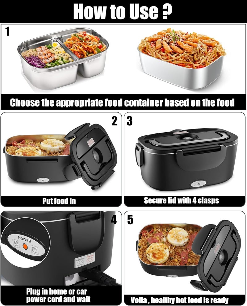Buddew Electric Lunch Box for Adults, 80W Heated Lunch Box with Dual 1.5L Stainless Steel Portable Food Warmer,12/24/110V Lonchera Electrica Portatil for Travel&Work, Loncheras para Hombres de Trabajo - Image 5