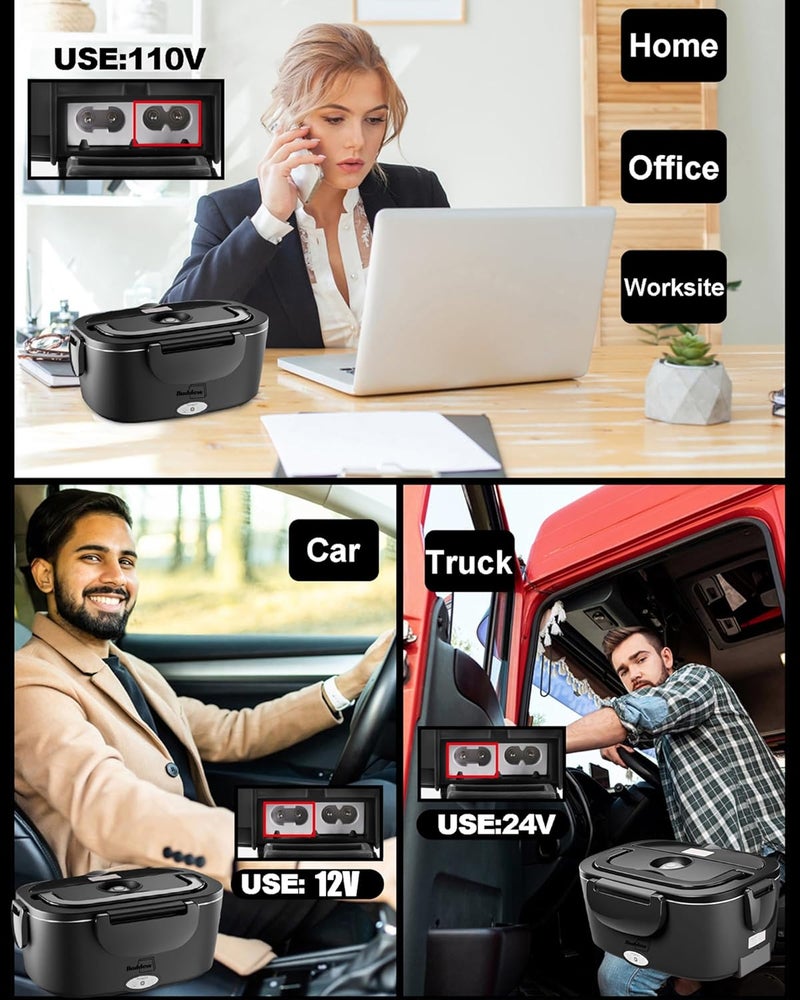 Buddew Electric Lunch Box for Adults, 80W Heated Lunch Box with Dual 1.5L Stainless Steel Portable Food Warmer,12/24/110V Lonchera Electrica Portatil for Travel&Work, Loncheras para Hombres de Trabajo - Image 4