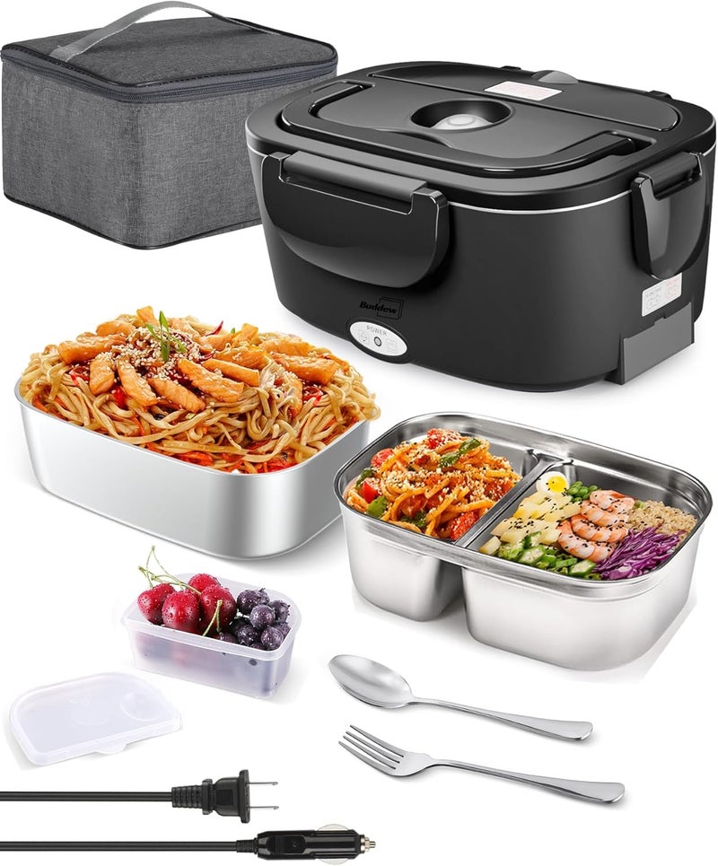 Buddew Electric Lunch Box for Adults, 80W Heated Lunch Box with Dual 1.5L Stainless Steel Portable Food Warmer,12/24/110V Lonchera Electrica Portatil for Travel&Work, Loncheras para Hombres de Trabajo - Image 1