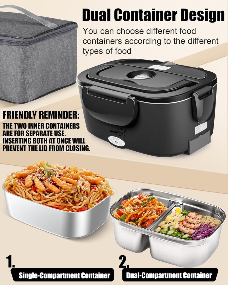 Buddew Electric Lunch Box for Adults, 80W Heated Lunch Box with Dual 1.5L Stainless Steel Portable Food Warmer,12/24/110V Lonchera Electrica Portatil for Travel&Work, Loncheras para Hombres de Trabajo - Image 3