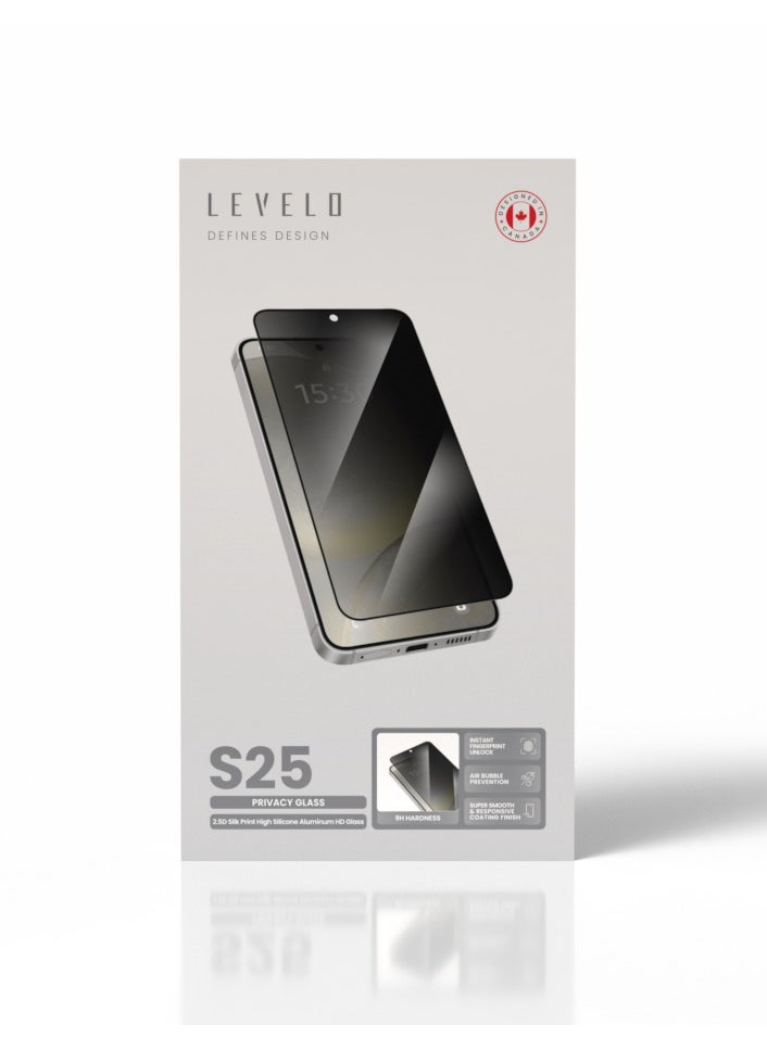 LEVELO - S25 Screen Protector / 2.5D Silk Print High Silicone Aluminum/Privacy Screen / Oleophobic and Hydrophobic Coating / Instant Fingerprint Unlock / Air Bubble Prevention / Super Smooth & Responsive Coating Finish - Black - Image 1