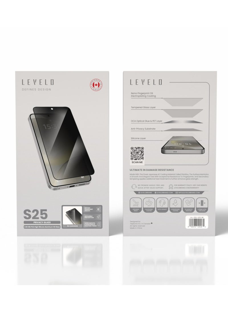 LEVELO - S25 Screen Protector / 2.5D Silk Print High Silicone Aluminum/Privacy Screen / Oleophobic and Hydrophobic Coating / Instant Fingerprint Unlock / Air Bubble Prevention / Super Smooth & Responsive Coating Finish - Black - Image 1