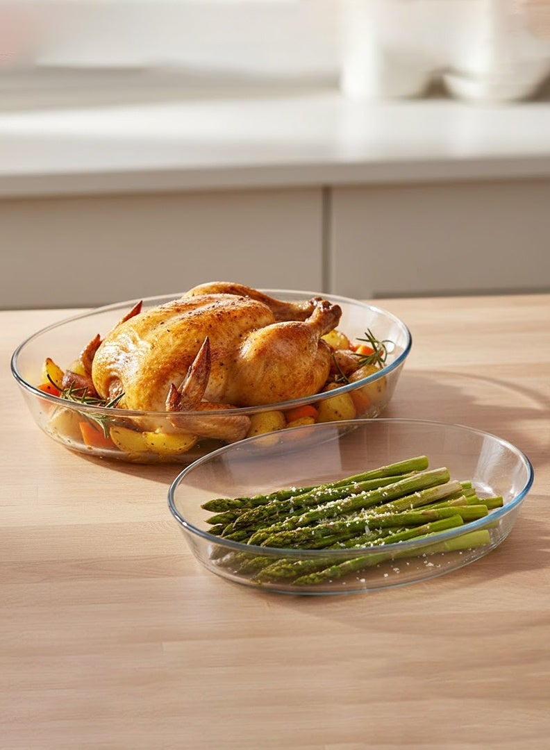 Marinex Glass 2-Piece Oval Roaster Set (2.4L + 3.2L) - Oven Safe Transparent Bakeware for Lasagna, Cakes, Brownies, Roasting & Casseroles  Heat Resistant Durable Glass Dish for Home & Kitchen - Image 2