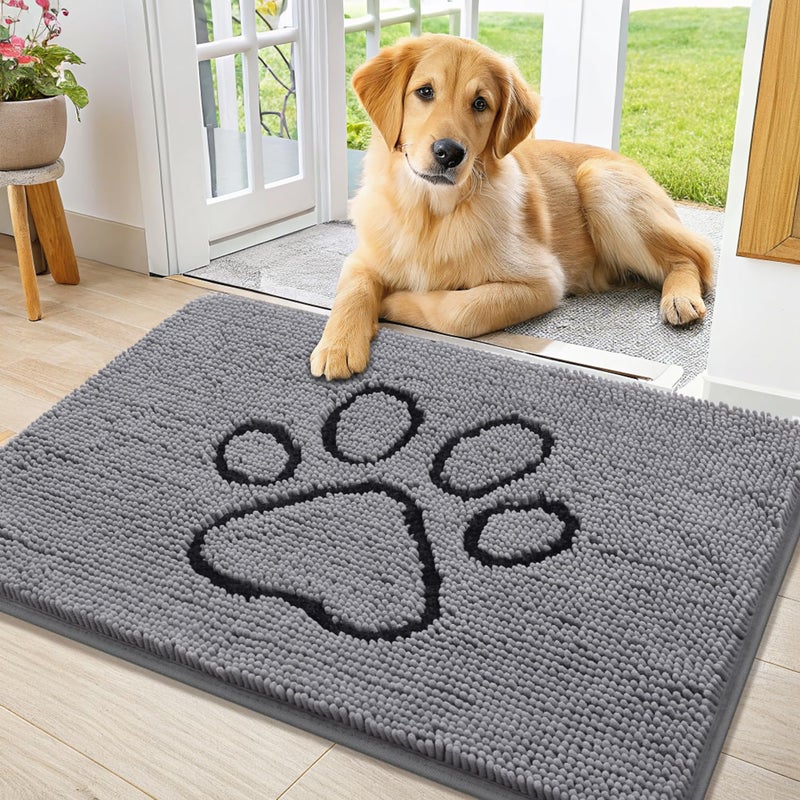 Smiry Dog Door Mat for Muddy Paws, Absorbent Dirt Trapper Non Slip Quick Dry Washable Chenille Mat for Mud Dogs, Entry Rug for Indoor and Outdoor (36x24 Inches, Grey and Black) - Image 1