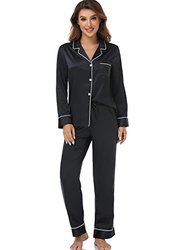 Serenedelicacy Women's Satin Pajama Set Long Sleeve Button Down Sleepwear 2-Piece Silky Pj Set (X-Large, Tan/Black/Ivory, Leopard) - Image 1