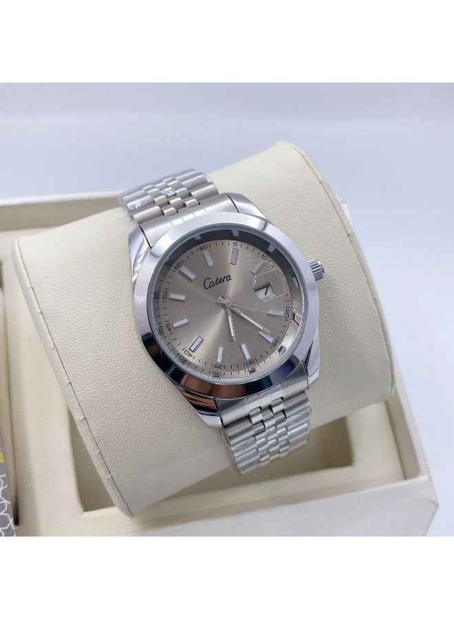 كاتيرا ساعة يد رجالية ضد الماء و بجودة عالية ستيل, مستوحاة من ساعات روليكس الشهيرة - سوار فضي مع ميناء رمادي