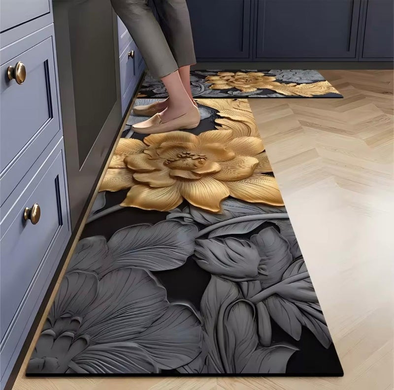 Kresal 2Pcs Set Kitchen Mat Absorbent Non Slip Washable NonSkid Kitchen Carpet for Kitchen Floor with Beautiful Flower Design 120 40 cm 40 60 cm Black Flower