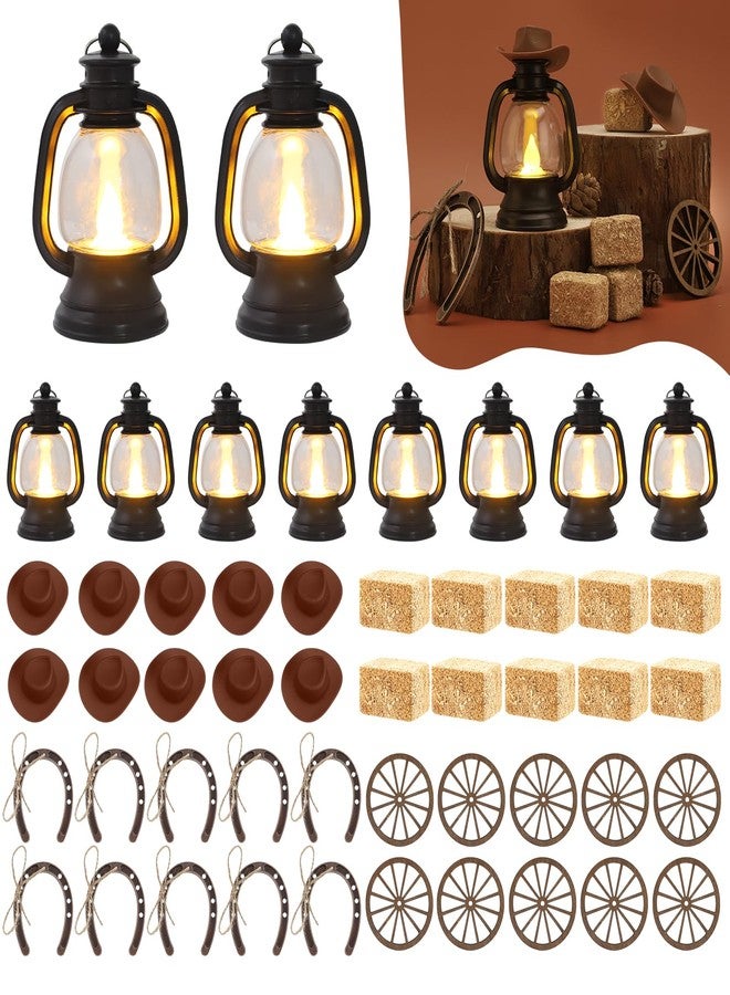 PLUVAVA 50 PCS Western Theme Party Centerpiece - Cowboy Decor with Mini Hay Bales, Cowboy Hat, Black Lantern, Horseshoe Wagon Wheel for Cowgirl Birthday Wedding Party (Brown) - Image 1