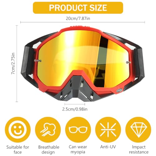 Proberos® Motorcycle Goggle, 100 Dirt Bike ATV Glasses, UV Protection Windproof Tainted Anti-Glare Anti-Fog, Riding Motocross Glasses, Comfortable Foam Padding with Adjustable Headband, Red - Image 2