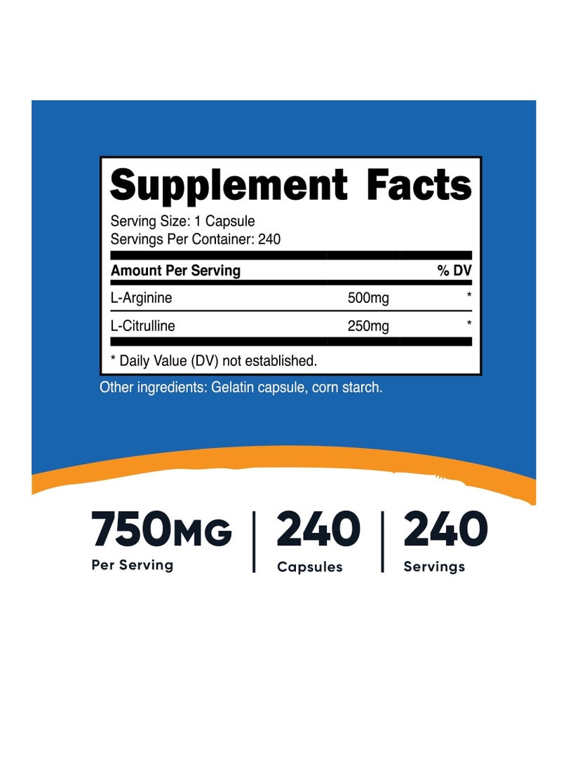 مركب إل-أرجينين إل-سيترولين 750 ملجم، 240 كبسولة - غير معدلة وراثيًا - Image 2