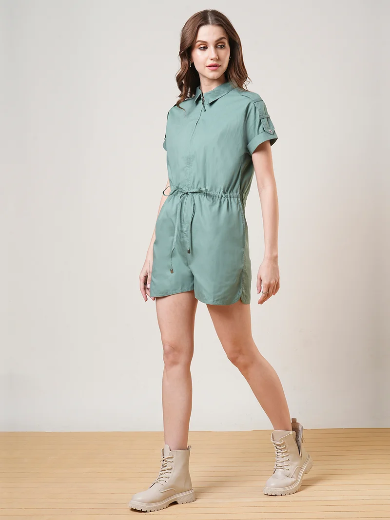 globus Globus Women Extended Sleeves Shirt Collar Waist Tie-Up Front Zip Closure Playsuit