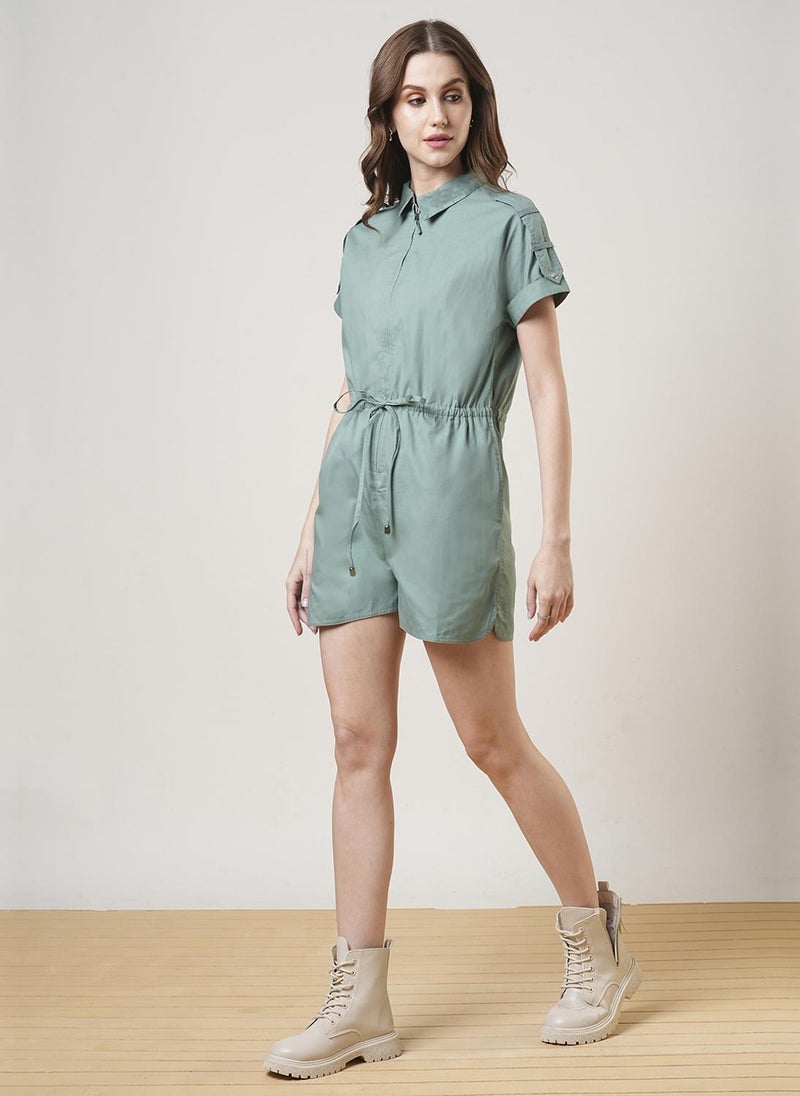 Globus Women Extended Sleeves Shirt Collar Waist Tie-Up Front Zip Closure Playsuit - Image 3
