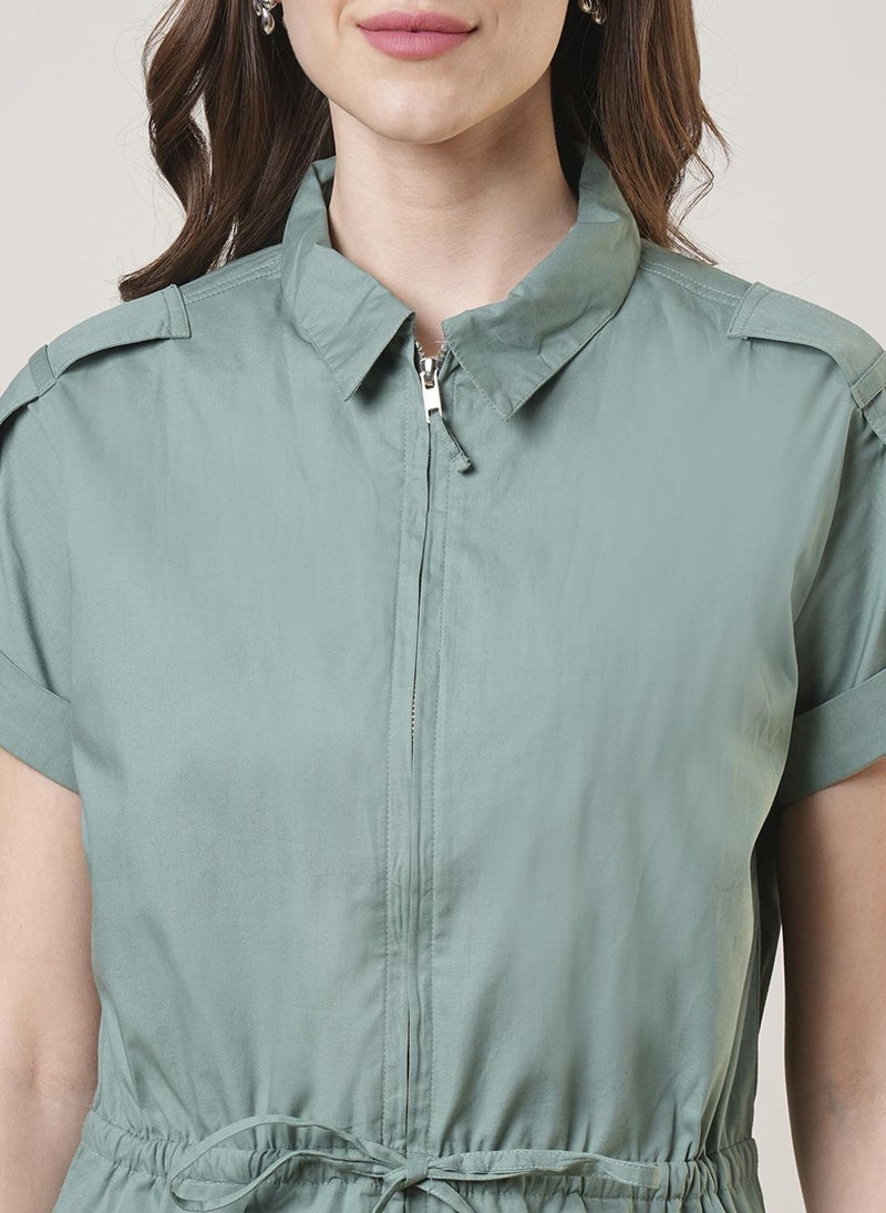 Globus Women Extended Sleeves Shirt Collar Waist Tie-Up Front Zip Closure Playsuit - Image 5