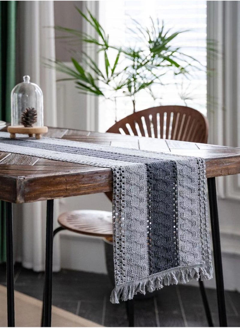 Kutis 1-Piece Tassel Cotton Thread Stripe Stitching Braid Tablecloth Table Runner for Coffee Table Dining Table TV Cabinet Black/Grey 180 x 35 Centimeter  - Image 1