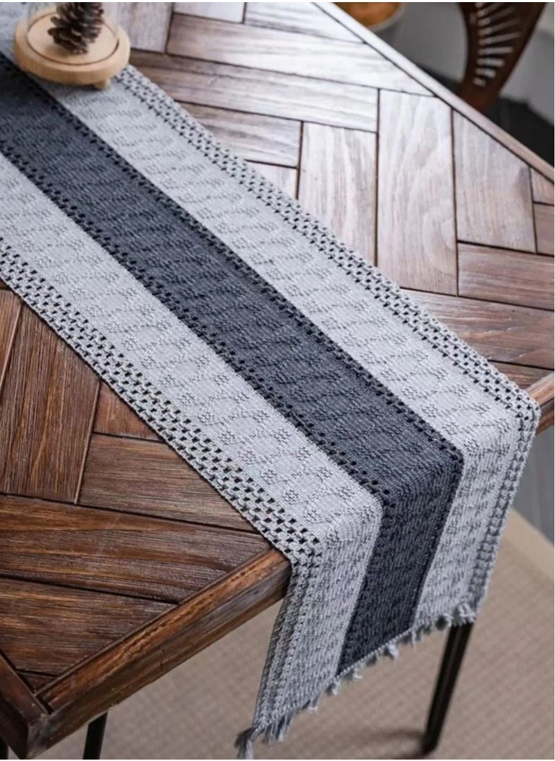 Kutis 1-Piece Tassel Cotton Thread Stripe Stitching Braid Tablecloth Table Runner for Coffee Table Dining Table TV Cabinet Black/Grey 180 x 35 Centimeter  - Image 2