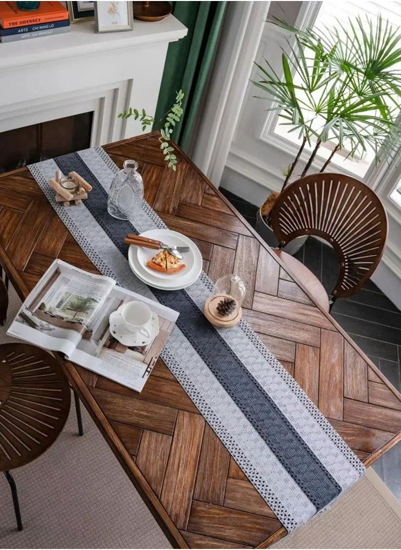 Kutis 1-Piece Tassel Cotton Thread Stripe Stitching Braid Tablecloth Table Runner for Coffee Table Dining Table TV Cabinet Black/Grey 180 x 35 Centimeter  - Image 3