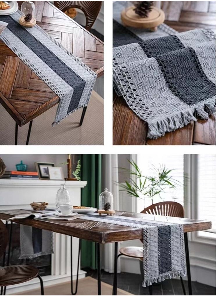 Kutis 1-Piece Tassel Cotton Thread Stripe Stitching Braid Tablecloth Table Runner for Coffee Table Dining Table TV Cabinet Black/Grey 180 x 35 Centimeter  - Image 4
