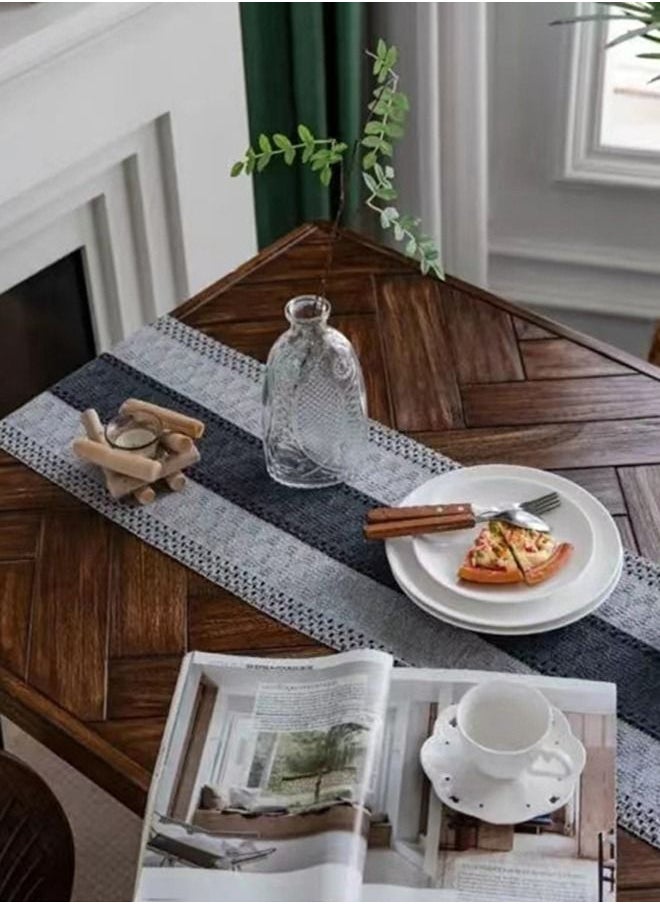 Kutis 1-Piece Tassel Cotton Thread Stripe Stitching Braid Tablecloth Table Runner for Coffee Table Dining Table TV Cabinet Black/Grey 180 x 35 Centimeter  - Image 5