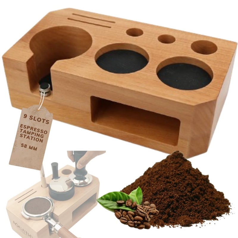 AquatiQ Espresso Tamping Station - Wooden Coffee Tamper Station For Storage 58 mm Portafilter Tamper Distributor - Espresso Organizer - Knock Box Accessories - Image 1