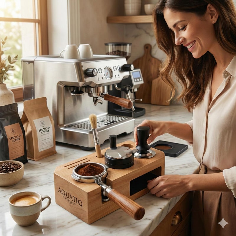 AquatiQ Espresso Tamping Station - Wooden Coffee Tamper Station For Storage 58 mm Portafilter Tamper Distributor - Espresso Organizer - Knock Box Accessories - Image 3