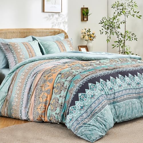 LXWORX Boho Comforter Set King Size Sage Green - 7 Pieces Bohemian Floral Striped Comforter and Sheet Set, Soft Bed in a Bag Complete Bedding Sets King Size for All Season (Sage Green,King) - Image 1