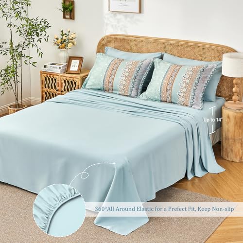 LXWORX Boho Comforter Set King Size Sage Green - 7 Pieces Bohemian Floral Striped Comforter and Sheet Set, Soft Bed in a Bag Complete Bedding Sets King Size for All Season (Sage Green,King) - Image 3
