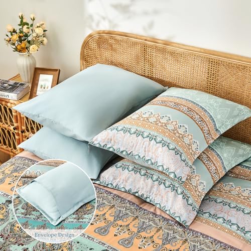 LXWORX Boho Comforter Set King Size Sage Green - 7 Pieces Bohemian Floral Striped Comforter and Sheet Set, Soft Bed in a Bag Complete Bedding Sets King Size for All Season (Sage Green,King) - Image 4