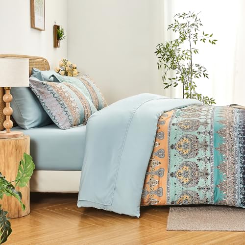 LXWORX Boho Comforter Set King Size Sage Green - 7 Pieces Bohemian Floral Striped Comforter and Sheet Set, Soft Bed in a Bag Complete Bedding Sets King Size for All Season (Sage Green,King) - Image 5