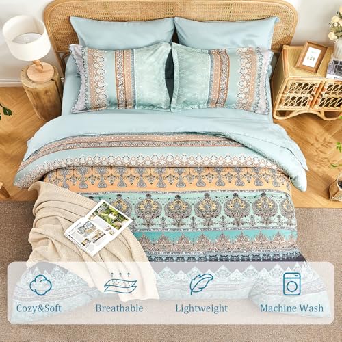 LXWORX Boho Comforter Set King Size Sage Green - 7 Pieces Bohemian Floral Striped Comforter and Sheet Set, Soft Bed in a Bag Complete Bedding Sets King Size for All Season (Sage Green,King) - Image 2