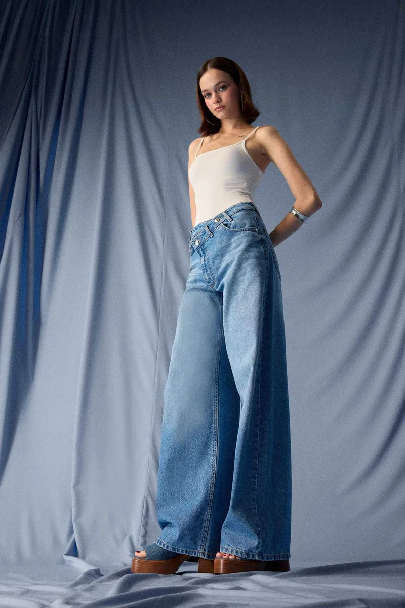 ديفاكتو Wide Leg High Waist Long Washed Jeans