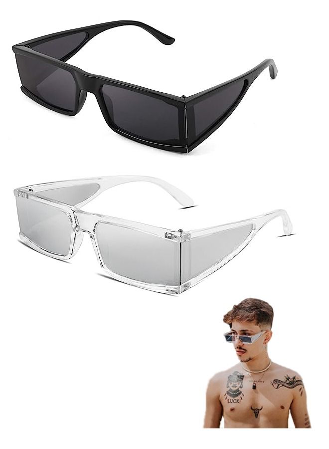 Unique 2Pcs Sun Glasses - Rectangular Sun Glasses - UV Protection Sun Glasses - Men's Women's - Black + White Clear  - Image 1