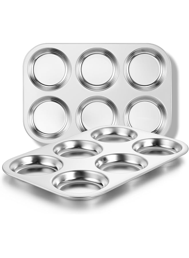 Muffin Top Pan Set of 2, Stainless Steel 6-Cavity Hamburger Bun Pan for Baking Whoopie Pie, Yorkshire Pudding, Eggs, Moon Pie, Drop Cookies, Non-Toxic & Standard Size, Oven & Dishwasher Safe