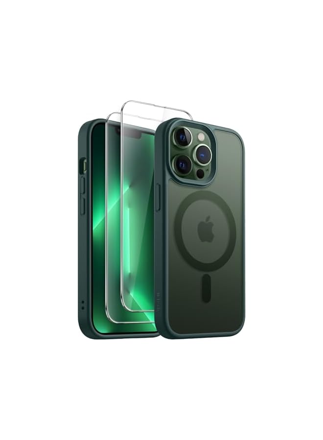 JETech 3 in 1 Magnetic Case for iPhone 13 Pro Max 6.7-Inch with 2 Pack Tempered Glass Screen Protectors, Compatible with MagSafe, Translucent Matte Back Shockproof Phone Cover (Dark Green) - Image 1