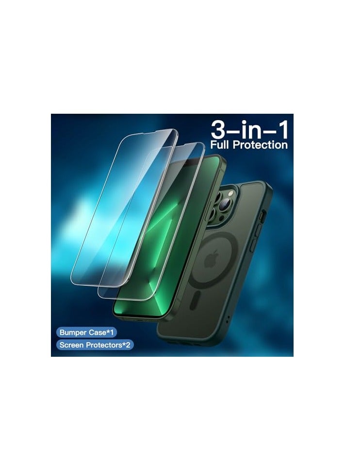 JETech 3 in 1 Magnetic Case for iPhone 13 Pro Max 6.7-Inch with 2 Pack Tempered Glass Screen Protectors, Compatible with MagSafe, Translucent Matte Back Shockproof Phone Cover (Dark Green) - Image 3