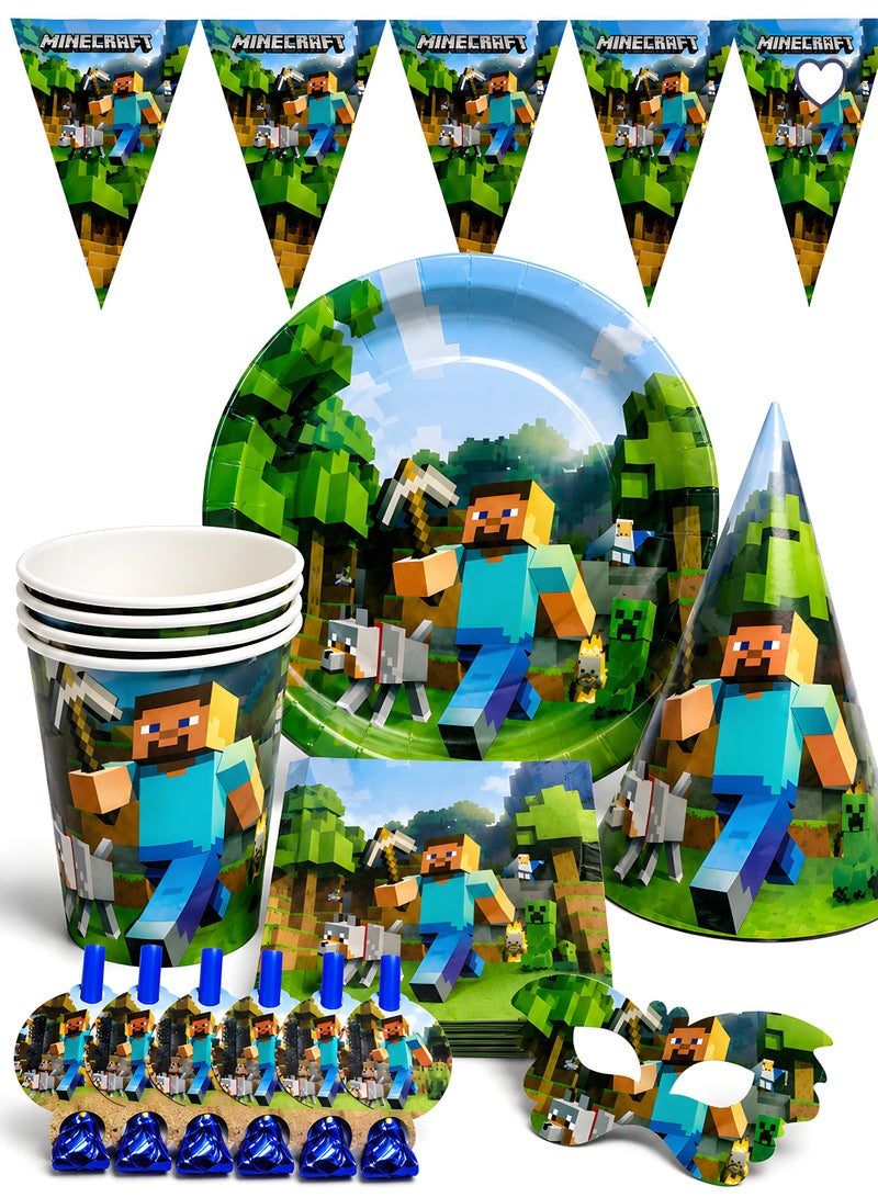 Minecraft Birthday Tableware Party Supplies 42-Piece Set, Pixel Tableware Set with Plates, Cups, Birthday Banner, Party Hats, Masks, Candles & Accessories, Minecraft Tableware Birthday Decoration Set for Kids - Image 1
