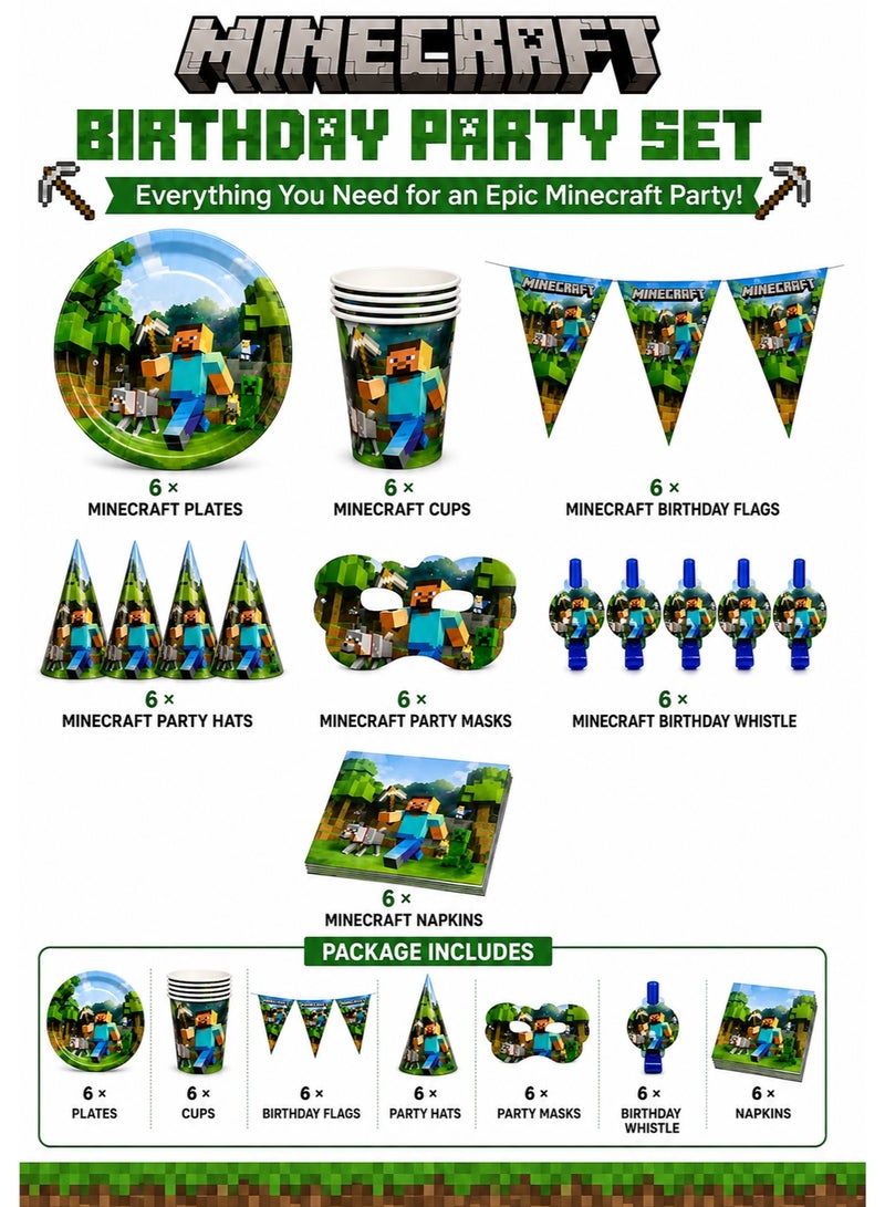 Minecraft Birthday Tableware Party Supplies 42-Piece Set, Pixel Tableware Set with Plates, Cups, Birthday Banner, Party Hats, Masks, Candles & Accessories, Minecraft Tableware Birthday Decoration Set for Kids - Image 2