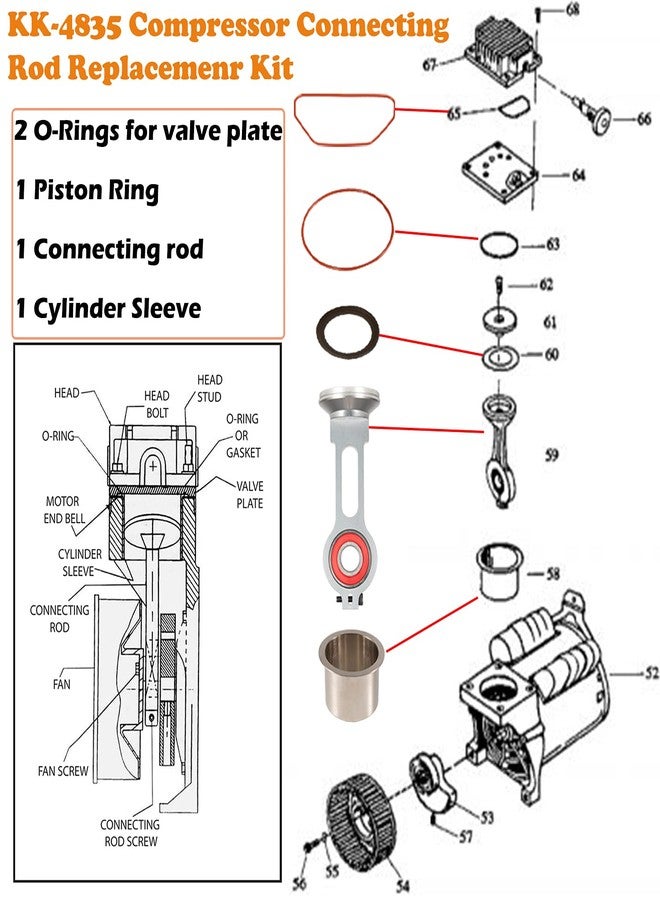 Sunluway KK-4835 Compressor Piston Kit Air Compressor Connecting Rod Replacement Kit for Craftsman Devildiss Dewalt Porter Cable Oil Free Air Compressor Pump, Replacement for KK-4835 KK-5081 A02743 - Image 2