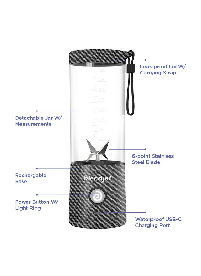 بليندجيت V2 Portable Blender Smoothie Maker, Personal Blender, Fruit Blender, Leak Proof Juicer, BPA-Free 475ml 200W Sports Bottle, USB-C Rechargeable, Ice Crusher with Stainless Steel Blades - Carbon Fiber