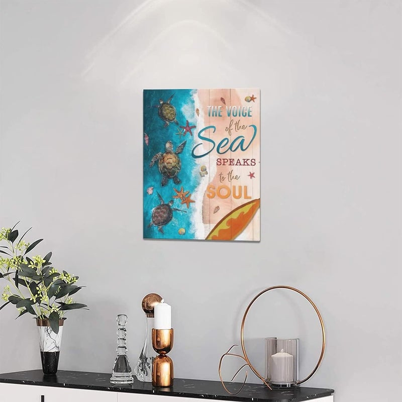 exroozy Sea Turtle Wall Art Nautical Bathroom Decor Beach Pictures Painting Ocean Starfish Seashell Artwork Blue Canvas Home Decor Framed for Bathroom Bedroom Living Room 12"x16" - Image 2