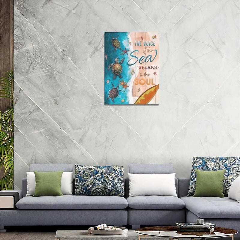exroozy Sea Turtle Wall Art Nautical Bathroom Decor Beach Pictures Painting Ocean Starfish Seashell Artwork Blue Canvas Home Decor Framed for Bathroom Bedroom Living Room 12"x16" - Image 5