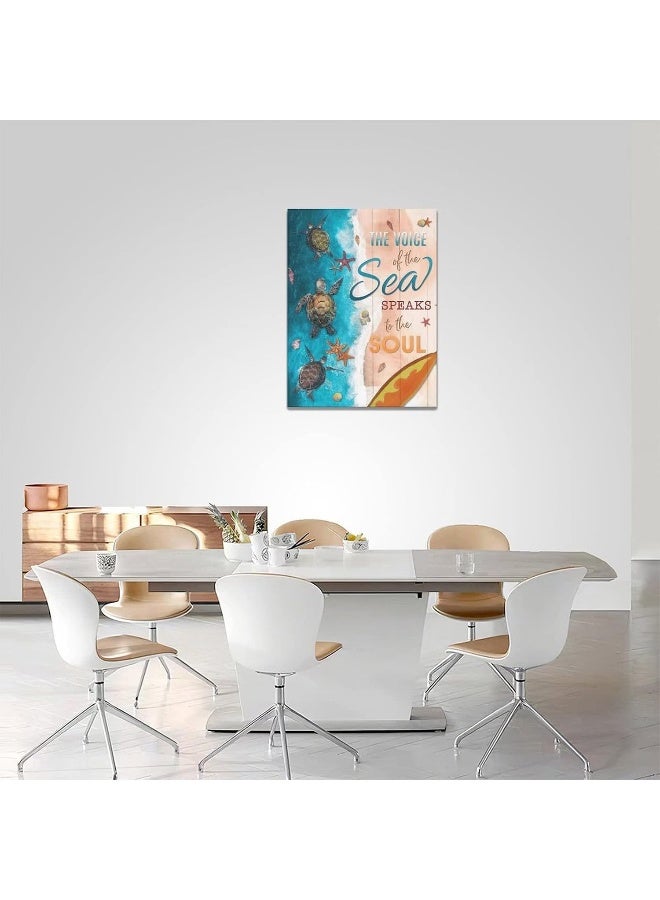 exroozy Sea Turtle Wall Art Nautical Bathroom Decor Beach Pictures Painting Ocean Starfish Seashell Artwork Blue Canvas Home Decor Framed for Bathroom Bedroom Living Room 12"x16" - Image 4