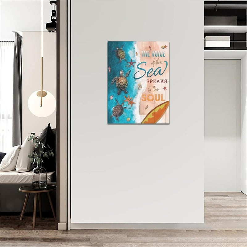 exroozy Sea Turtle Wall Art Nautical Bathroom Decor Beach Pictures Painting Ocean Starfish Seashell Artwork Blue Canvas Home Decor Framed for Bathroom Bedroom Living Room 12"x16" - Image 3