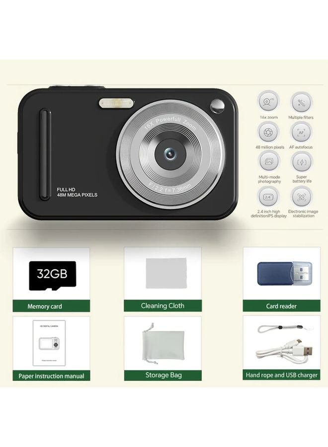 كاميرا رقمية سوداء 48 ميجابكسل بدقة 1080 بيكسل HD مع تكبير 16x وشاشة LCD 2.4 بوصة، قابلة لإعادة الشحن وتأتي مع بطاقة ذاكرة 32 جيجابايت، مثالية لتصوير المدونات والتصوير الفوتوغرافي كهدية - Image 1
