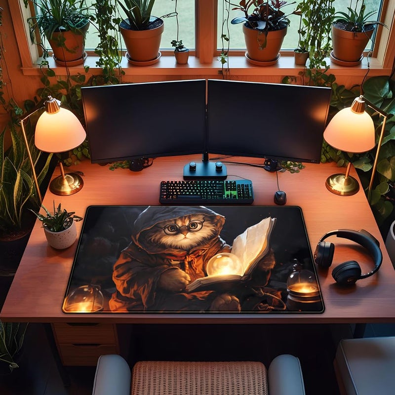 YKJWW Magical Cat Desk Mouse Mat Black Vintage Desk Pad Playmat for MTG Large Mousepad Gaming Deskpad XXL Keyboard Mouse Pad Full Desktop Mat Desk Cover Mat for Work Office Home (31.5x15.7 in) - Image 4
