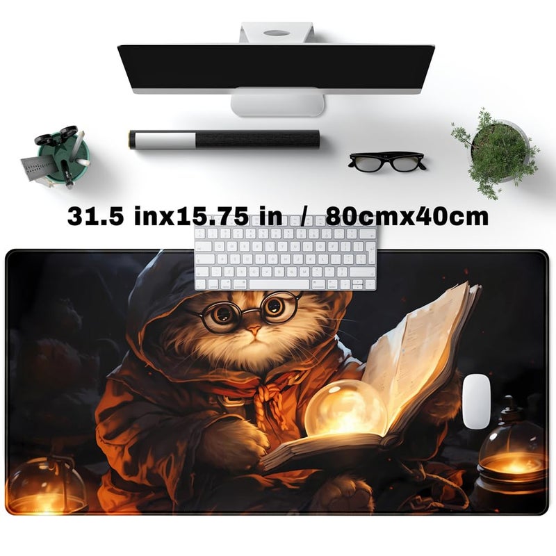 YKJWW Magical Cat Desk Mouse Mat Black Vintage Desk Pad Playmat for MTG Large Mousepad Gaming Deskpad XXL Keyboard Mouse Pad Full Desktop Mat Desk Cover Mat for Work Office Home (31.5x15.7 in) - Image 2
