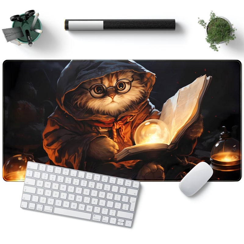 YKJWW Magical Cat Desk Mouse Mat Black Vintage Desk Pad Playmat for MTG Large Mousepad Gaming Deskpad XXL Keyboard Mouse Pad Full Desktop Mat Desk Cover Mat for Work Office Home (31.5x15.7 in) - Image 1