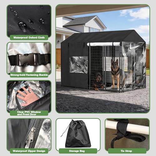 Bhyhok 8'D x 4'W x 6'H Outdoor Dog Kennel Cover Waterproof 600D Full Coverage Covers for Outside Dog Kennel, Black, Only Cover - Image 3