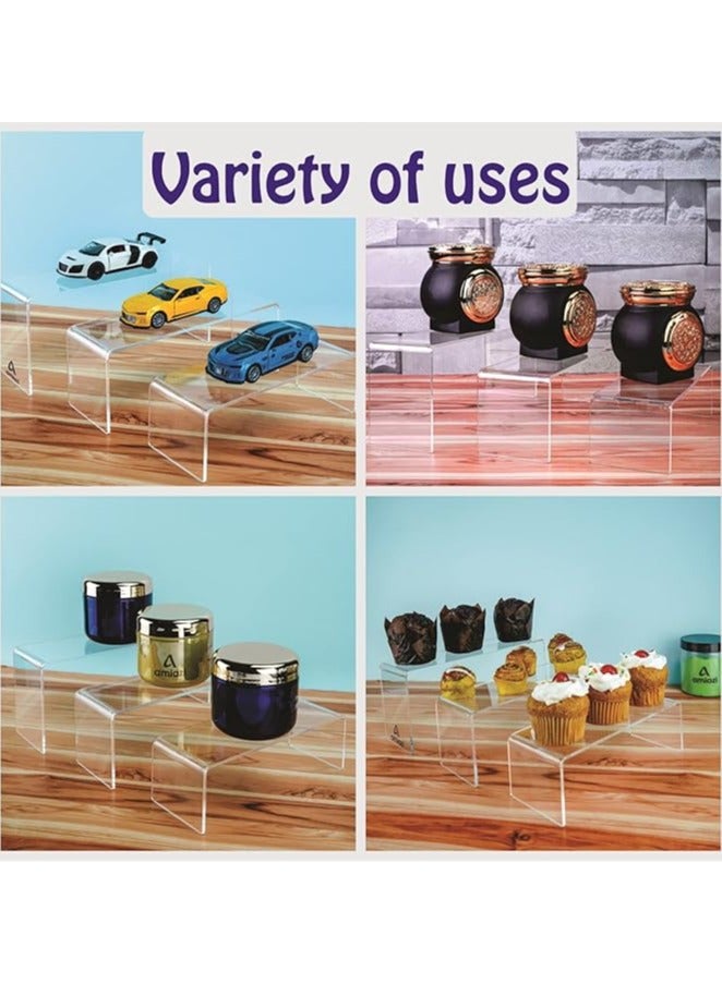 XiuWoo 3 Piece Acrylic Display Risers, Elevate Your Style and Organization, Sleek and Versatile Home Decor and Storage Solution for Dressing Table and Kitchen Serving Dessert and Cupcake Stand Risers For Party Event Shoe Riser Display Organizer Cosmetics Display Riser  - Image 2